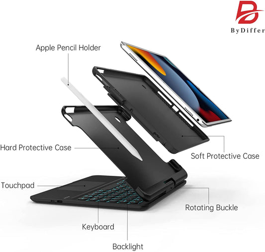ByDiffer Touch iPad 9th Generation 10.2 Case with Keyboard, iPad 8th Gen 2020, iPad 7 2019, Air 3, Pro 10.5 with 7 Color Backlights and Pencil Holder