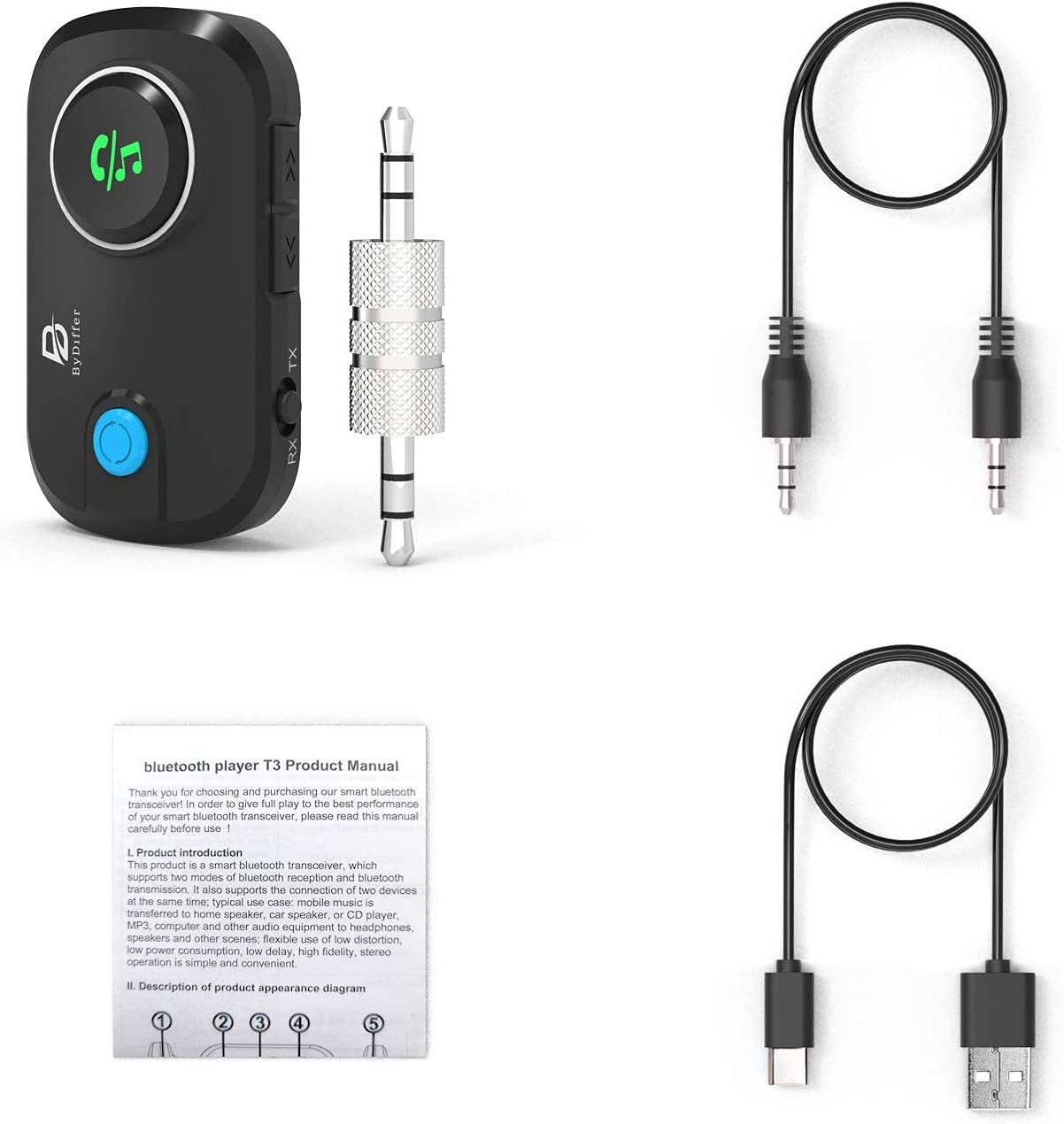 ByDiffer Dual Link Bluetooth 5.0 Audio Transmitter Receiver Sharing for up  2 Headphones, 3 in 1 Low Latency Wireless Adapter Splitter for TV Airplane