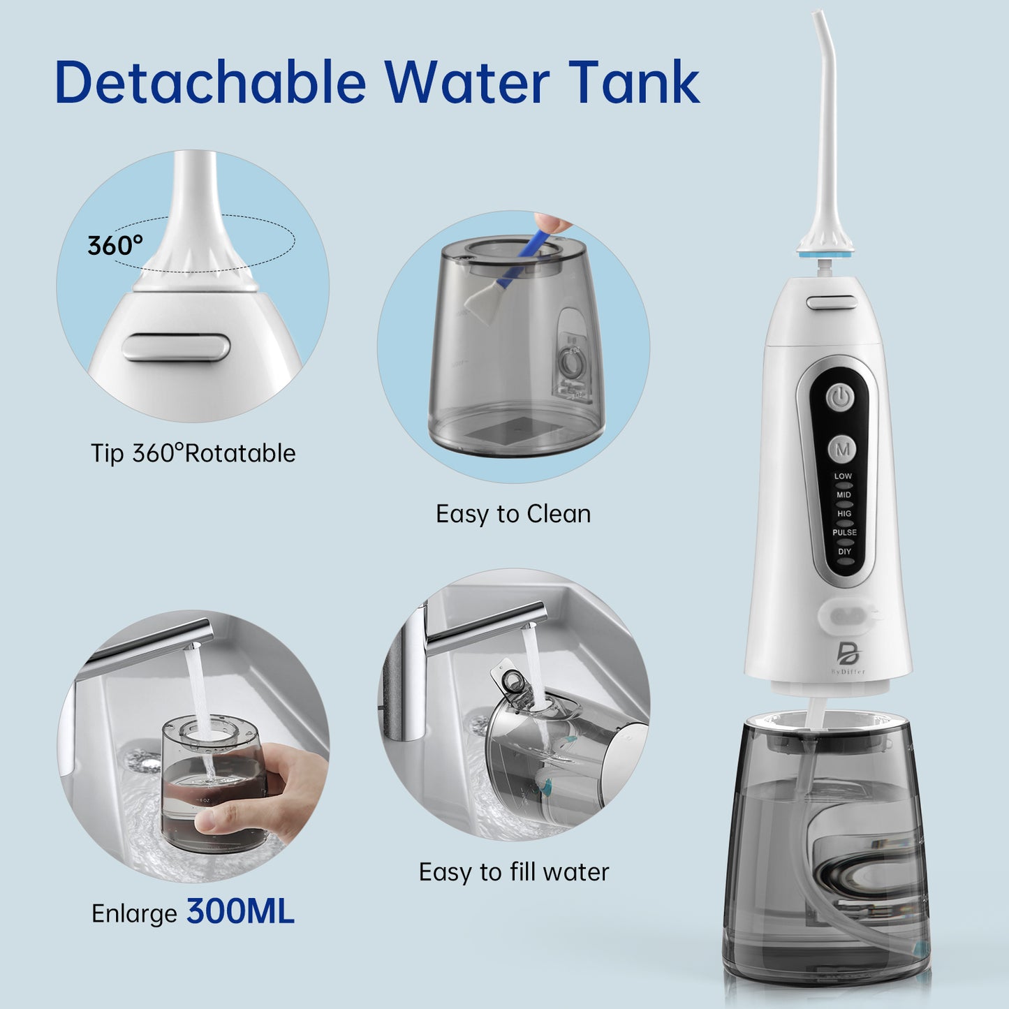 ByDiffer Cordless Water Flosser Teeth Cleaner with 5 DIY Modes and Tip